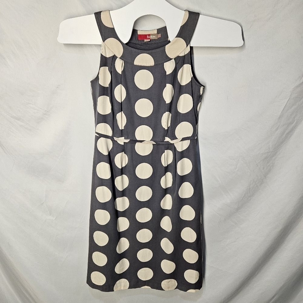 Boden Grey & Tan Polka Dot Shift Dress Size 10R Midi Cocktail Wedding